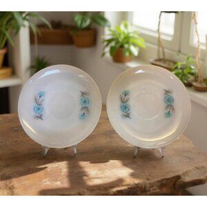 Vintage Fire-King Saucers – Blue Cornflower Pattern – Set of 2 – 1950s Milk Glas